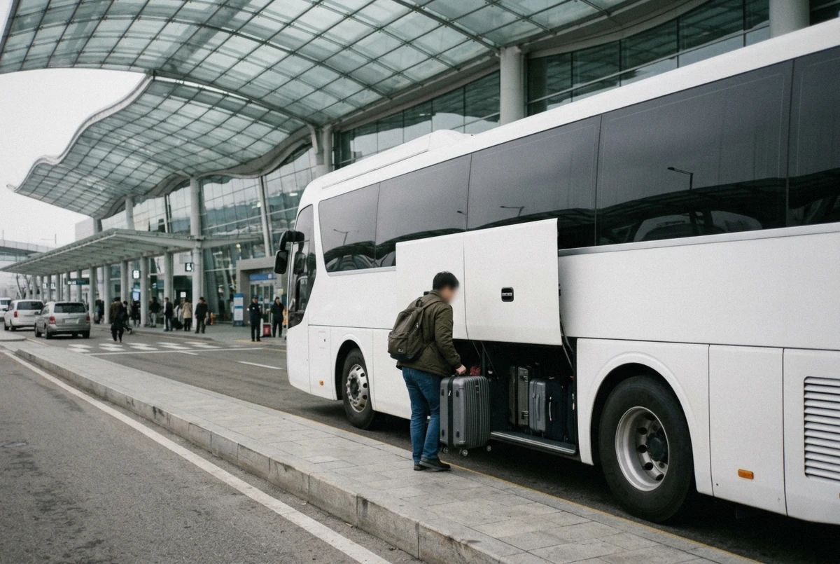A limousine coach at the kerb outside the arrivals hall for the Incheon airport to Seoul transfer, South Korea