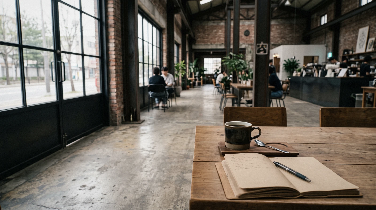 A filter coffee on a plain wooden table in a converted warehouse café in Seoul, South Korea