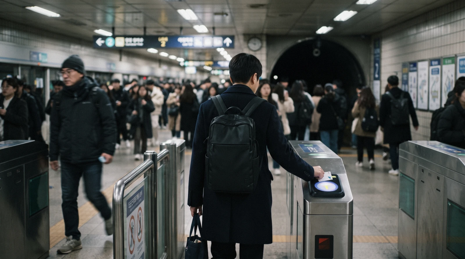 A commuter tapping a transport card at a Seoul metro gateline during the morning rush, Seoul, South Korea