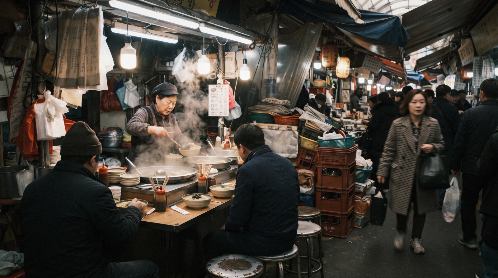 A stallholder ladling soup behind a counter of steel bowls in a Gwangjang Market food alley, Seoul, South Korea
