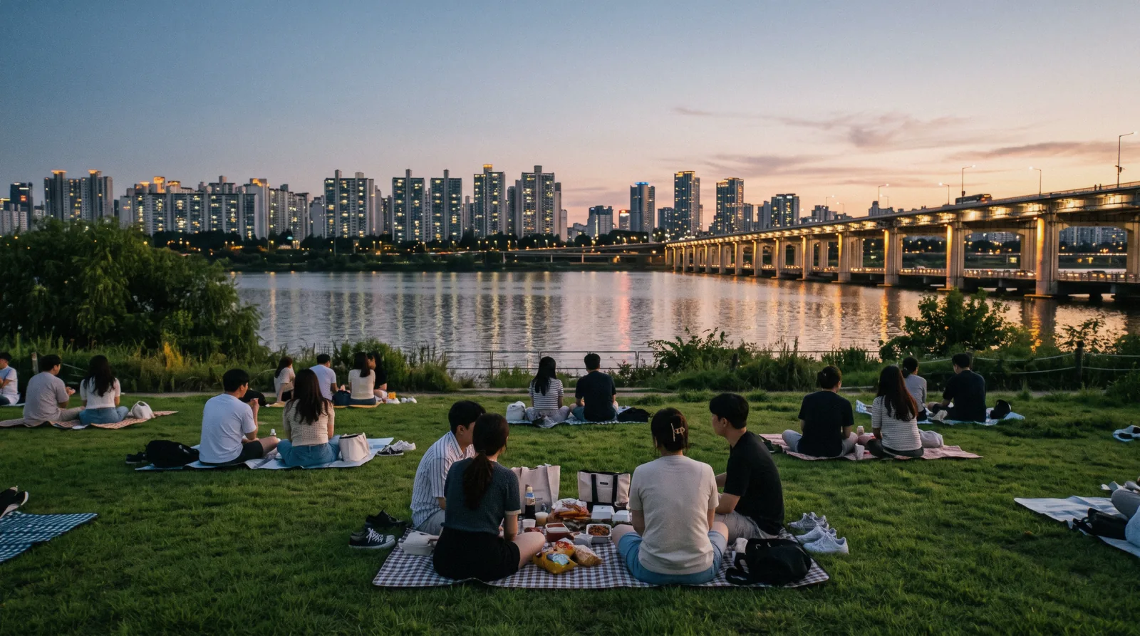 People sitting on mats with picnic food on the grass beside the Han River at dusk, Seoul, South Korea