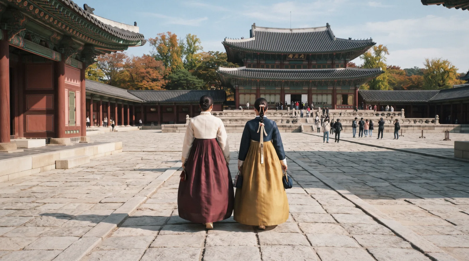 Two visitors in rented hanbok walking through a palace courtyard, hanbok rental Seoul, South Korea