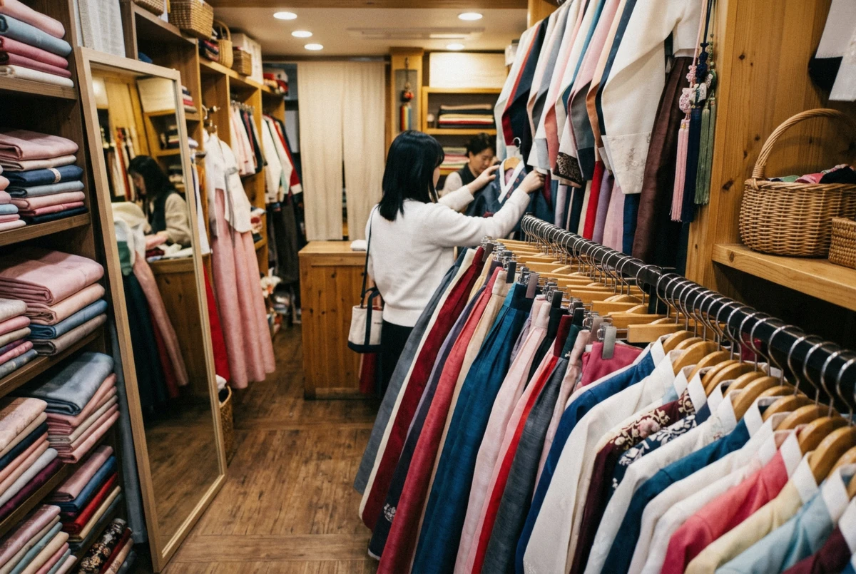A rail of hanbok skirts and jackets inside a rental shop near Gyeongbokgung, hanbok rental Seoul, South Korea