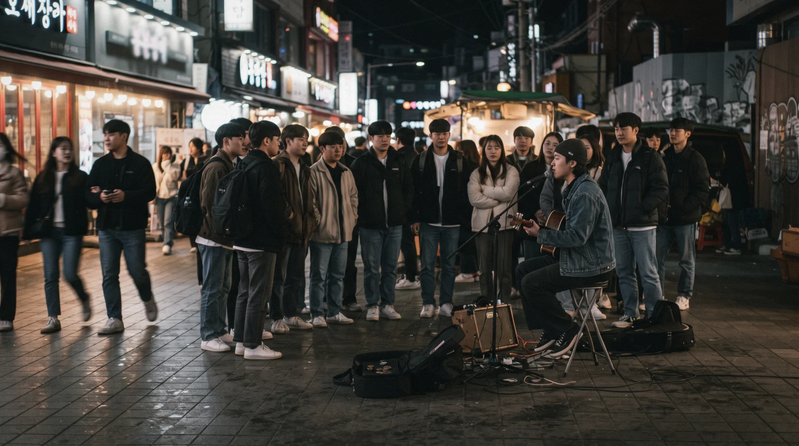Buskers and a night crowd on the pedestrian playground street in Hongdae, Seoul, South Korea
