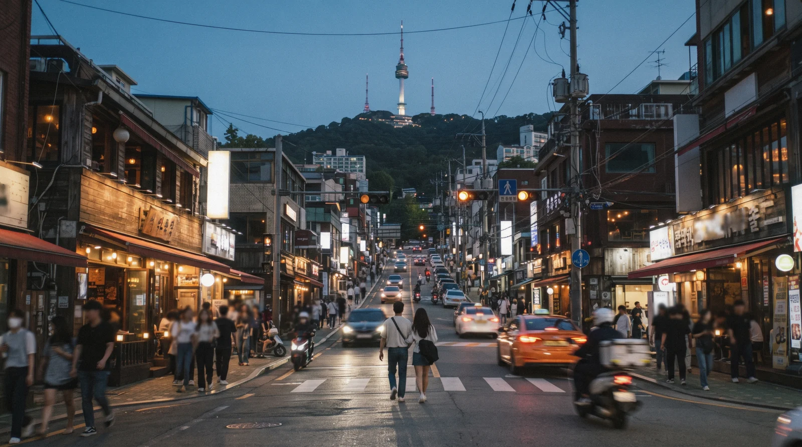 The main road through Itaewon at dusk with bars and restaurants and Namsan above, Seoul, South Korea