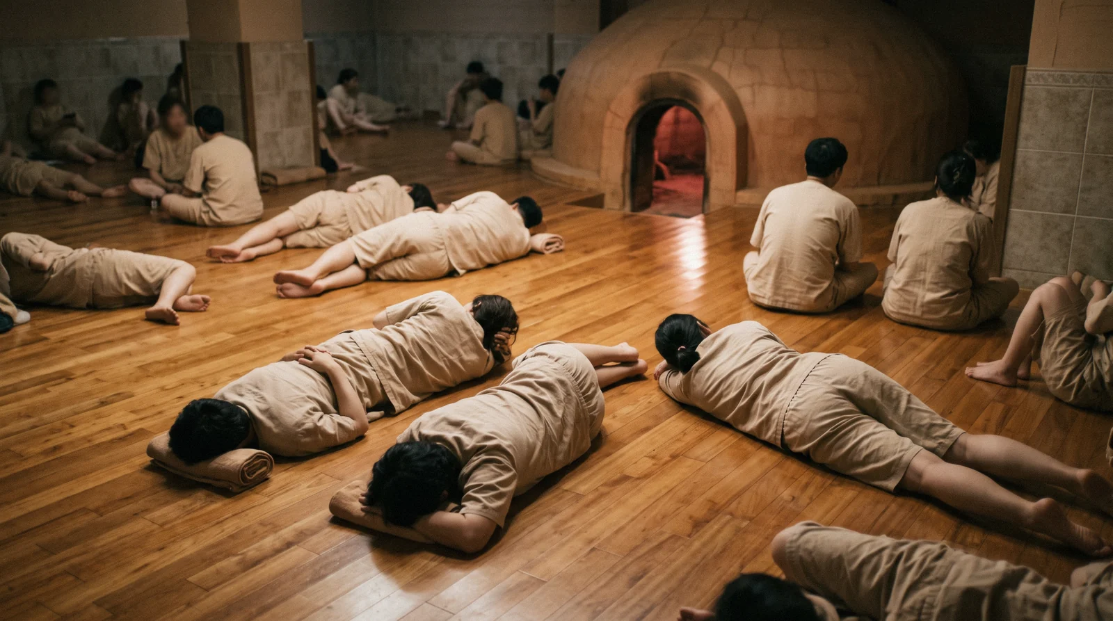 Heated floors and clay sauna rooms in the communal area of a Korean bathhouse, Seoul, South Korea