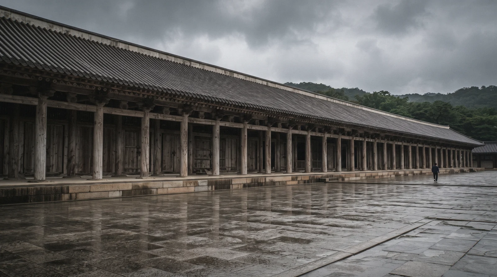 The long unpainted colonnade of Jongmyo royal ancestral shrine above its wide stone courtyard, Seoul, South Korea