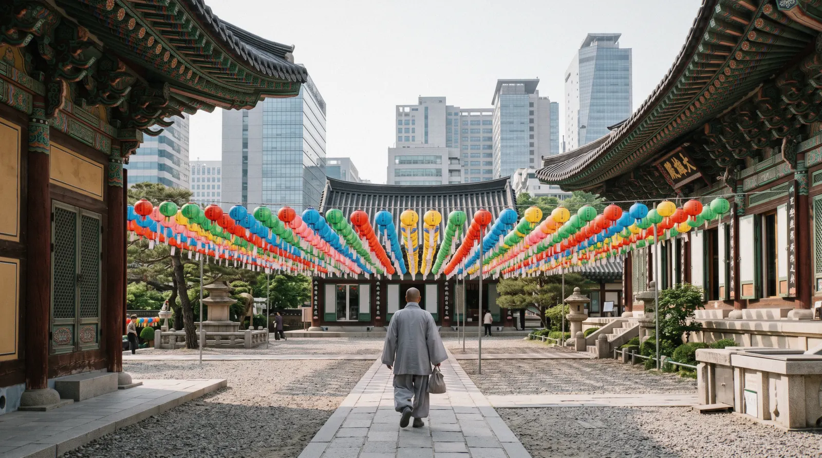 Paper lanterns strung across a temple courtyard during Seoul's lantern season, South Korea