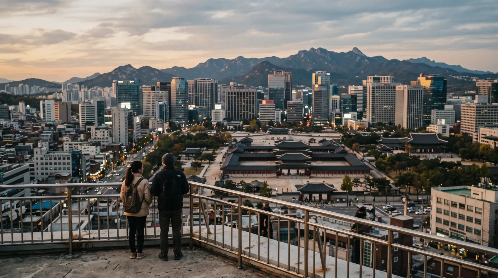 Palace roofs, city towers and a mountain ridge seen over central Seoul at dusk, South Korea